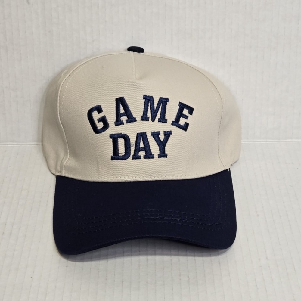 NEW Game Day Baseball Cap Cream Navy Embroidered Adjustable Strap Hat